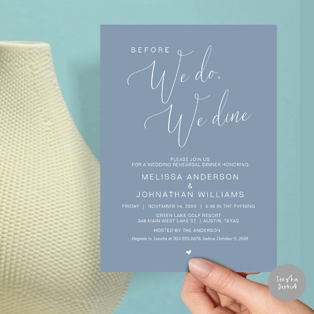 Invitation Avant de le faire, nous dînons, Dîner de répétitio (Before We Do, We Dine, Wedding Rehearsal Dinner Invitation Card, PDF, in Dusty Blue)