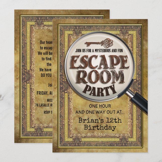 Invitation avant et arrière de fête Escape Room (Devant / Derrière)