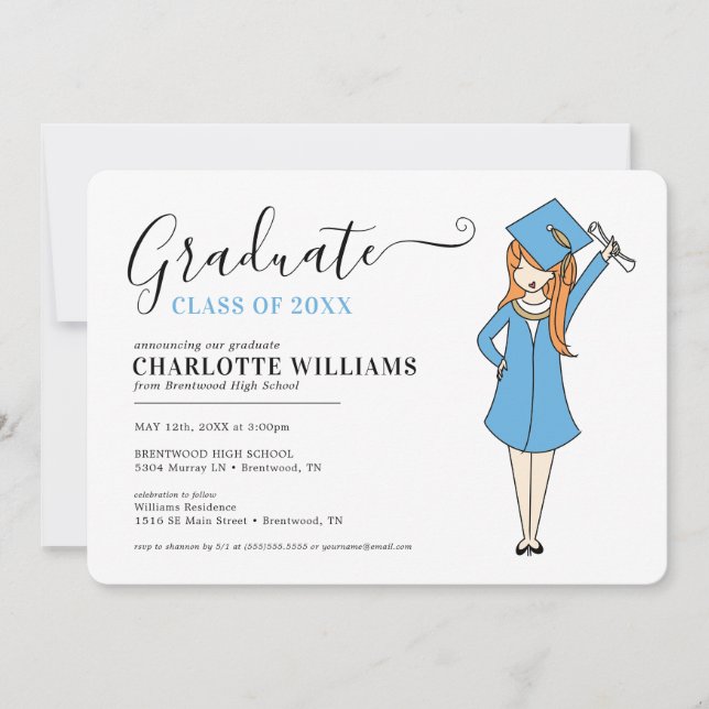 Invitation Avatar fille personnalisable | Diplôme d'études se (Devant)