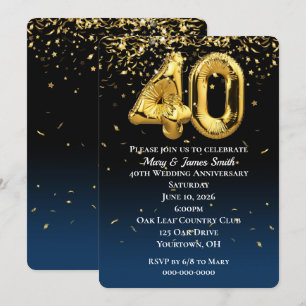 Invitation avec ballons en or et confettis pour 40