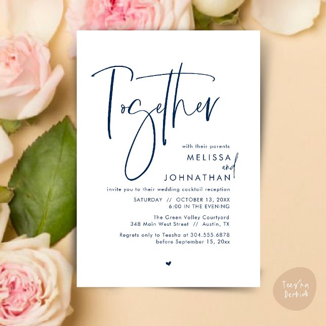 Invitation Avec leurs parents, Réception de mariage (Together with their parents, Wedding Reception Invitation Card PDF Modern clean Navy Blue)