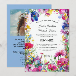 Invitation Avec photo, fleurs bleues de pré