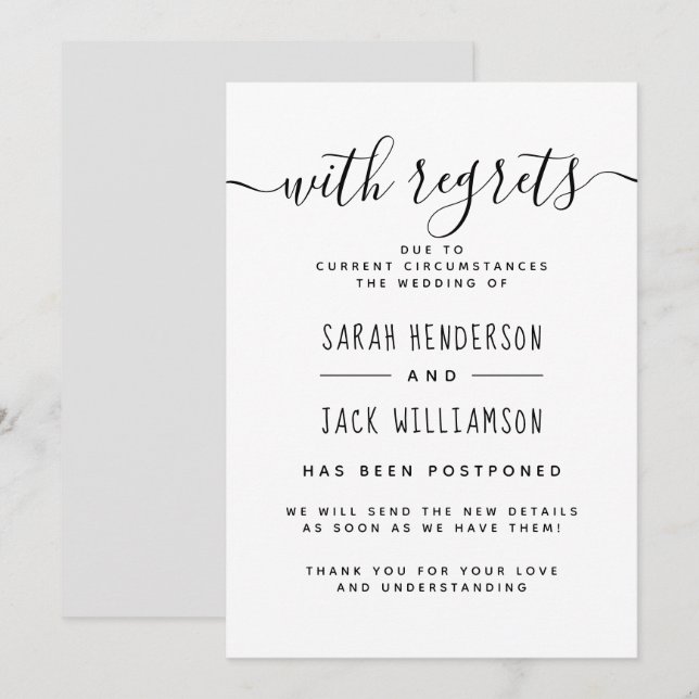 Invitation "Avec Regrets" Faires-part de Mariage Reporté N&B (Devant / Derrière)