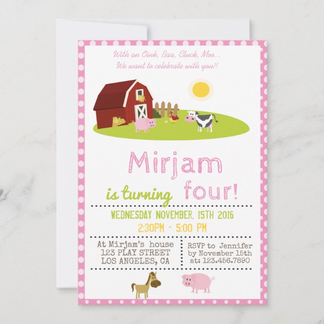 INVITATION AVEC UN OINK, BAA, CLUCK, MOO FARM ANNIVERSAIRE (Devant)