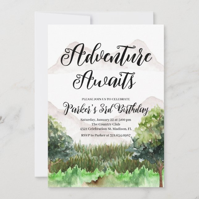 Invitation Aventure Anniversaire, Camping, Montagne (Devant)