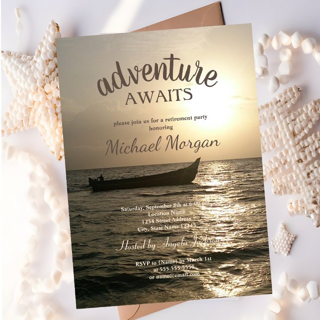 Invitation Aventure Await, Bateau Sunset Sea Retirement Party (Créateur téléchargé)