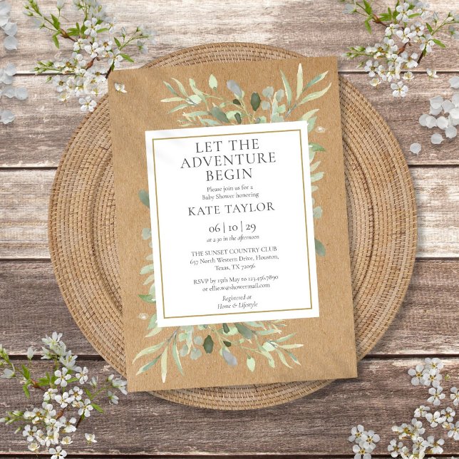 Invitation Aventure Baby shower rustique verdure (Adventure Rustic Baby Shower Greenery Invitation)
