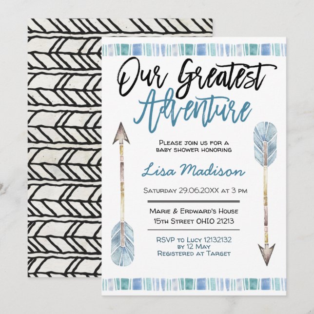 Invitation aventure Boy baby shower Blue (Devant / Derrière)