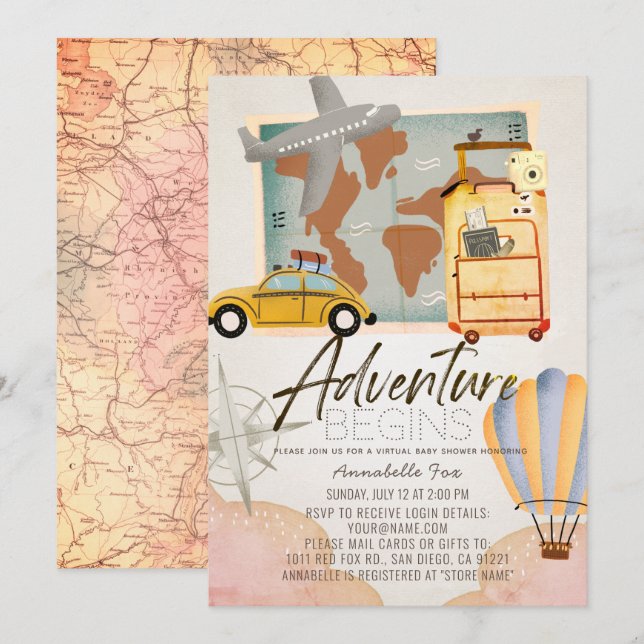 Invitation Aventure commence Voyage Baby shower virtuel rose (Devant / Derrière)