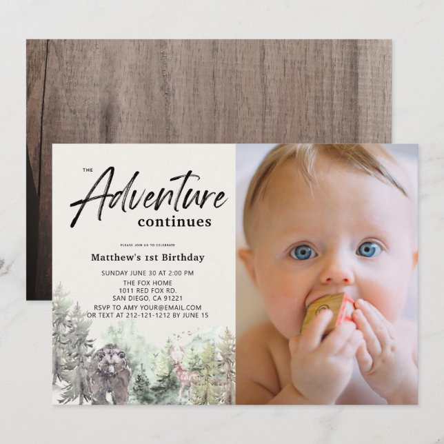 Invitation Aventure continue Ours 1er anniversaire Photo (Devant / Derrière)