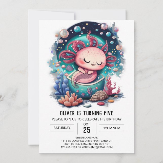 Invitation Aventure d'anniversaire sous-marine Axolotl (Devant)