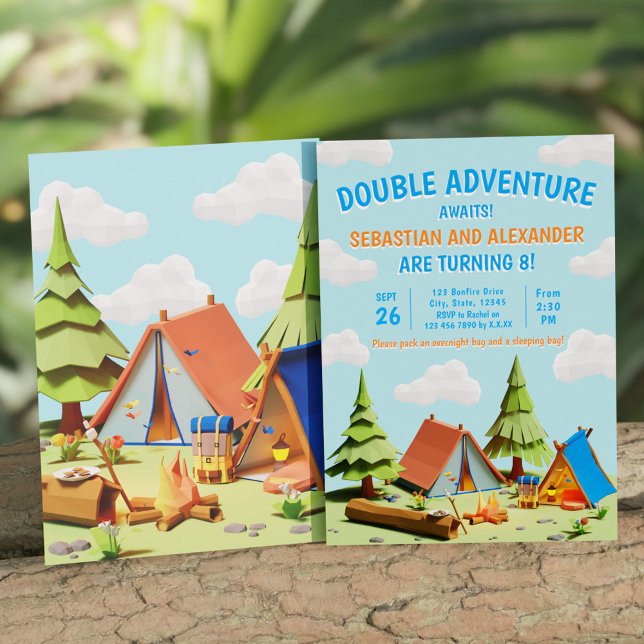 Invitation Aventure de camping en double pour jumeaux en atte (Twins Camping Double Adventure Awaits Birthday Invitation)