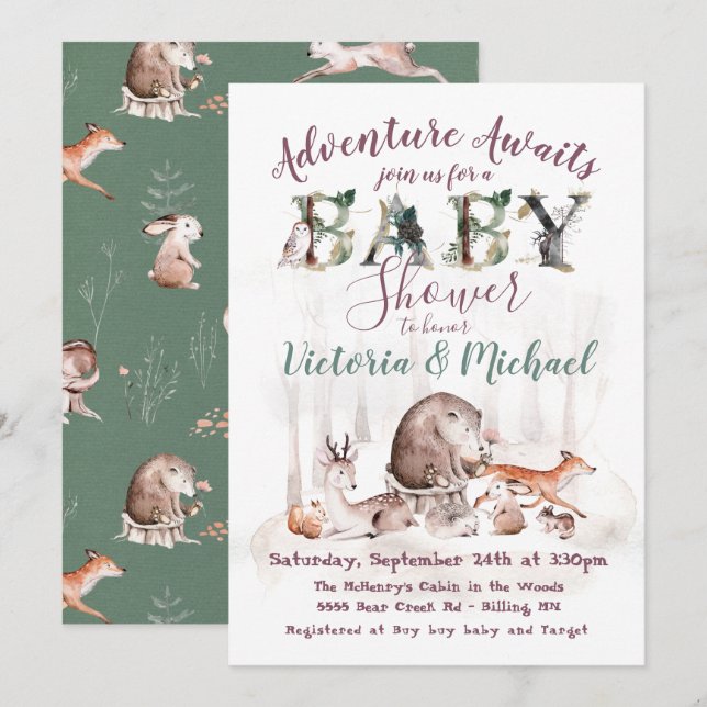 Invitation Aventure Forêt forestière Animaux Baby shower (Devant / Derrière)