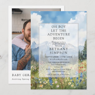 Invitation Aventure Garçon Montagne Photo Code QR Baby Shower
