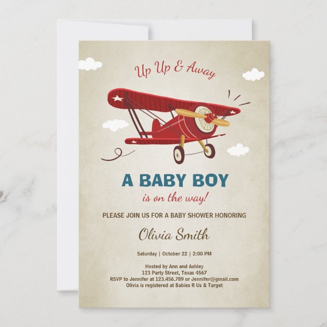 Invitation Aventure voyage Baby shower d'avion (Devant)