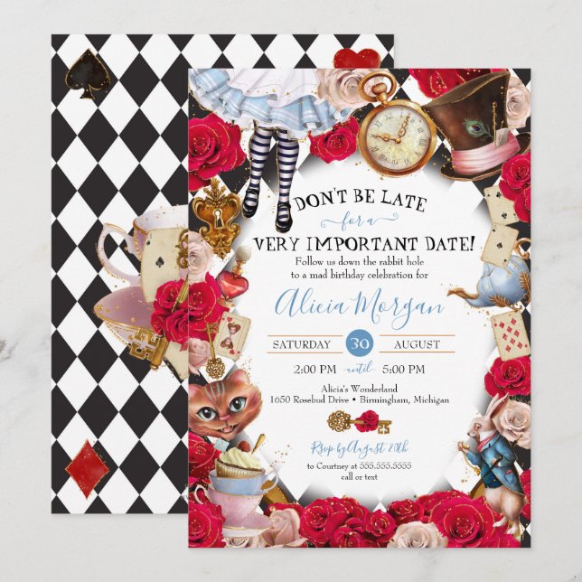 Invitation Aventures à Wonderland Mad Tea Party Anniversaire (Devant / Derrière)