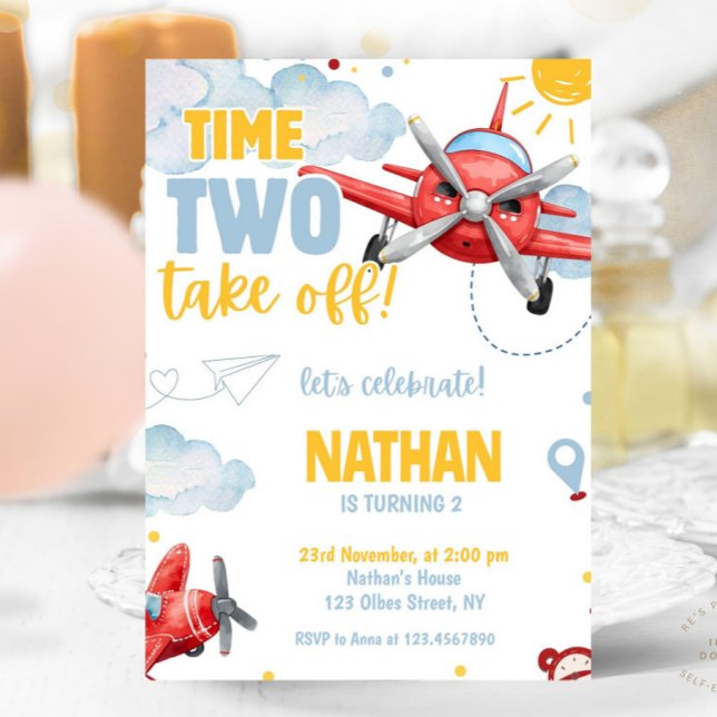Invitation Aviation Boys Blue Airplane Travel 2e anniversaire (Red Blue Airplane 2nd Birthday Boy Invitation kids birthday, aviation birthday, pilot birthday, aero)