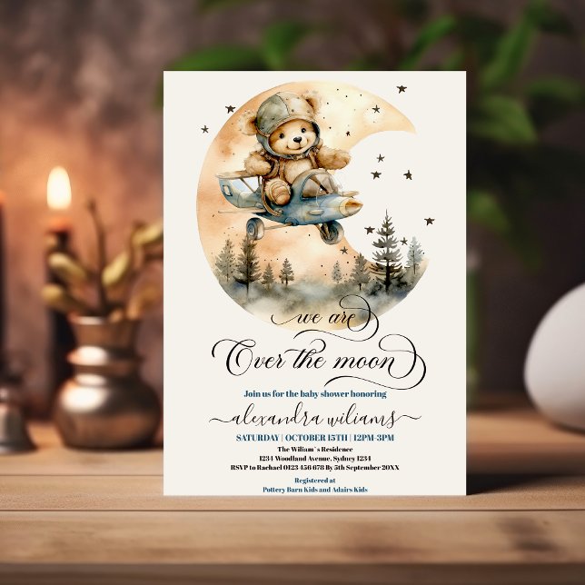 Invitation Avion au-dessus de la lune Baby shower d'ours en p (Créateur téléchargé)
