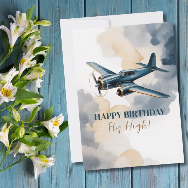 Invitation Avion d'anniversaire bleu et or aquarelle élégante (Créateur téléchargé)