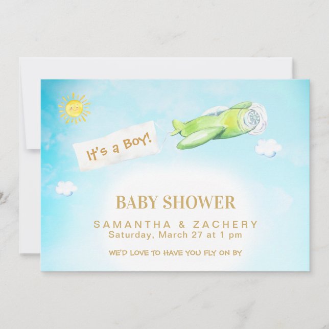 Invitation *~* Avion dans le ciel nuageux Baby shower de garç (Devant)
