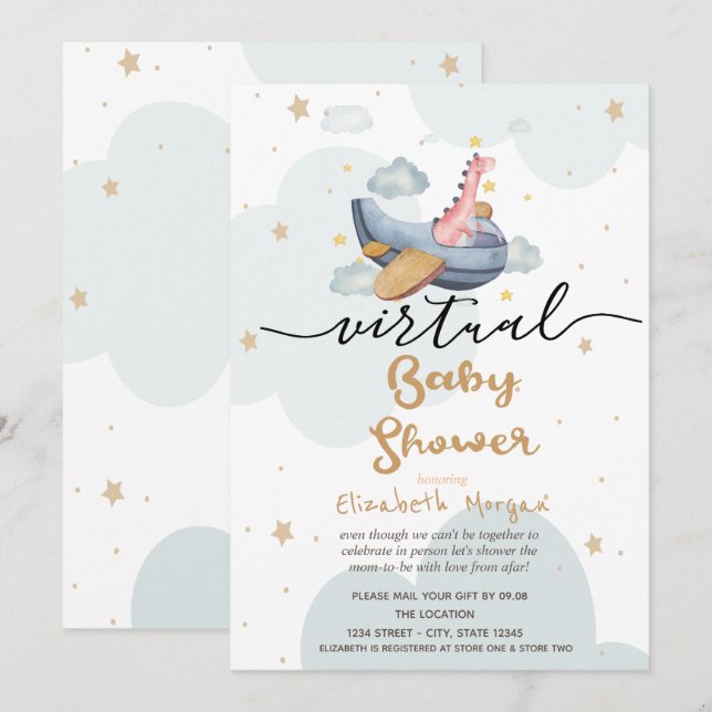 Invitation Avion Dino Nuages Étoiles Baby shower virtuel (Devant / Derrière)