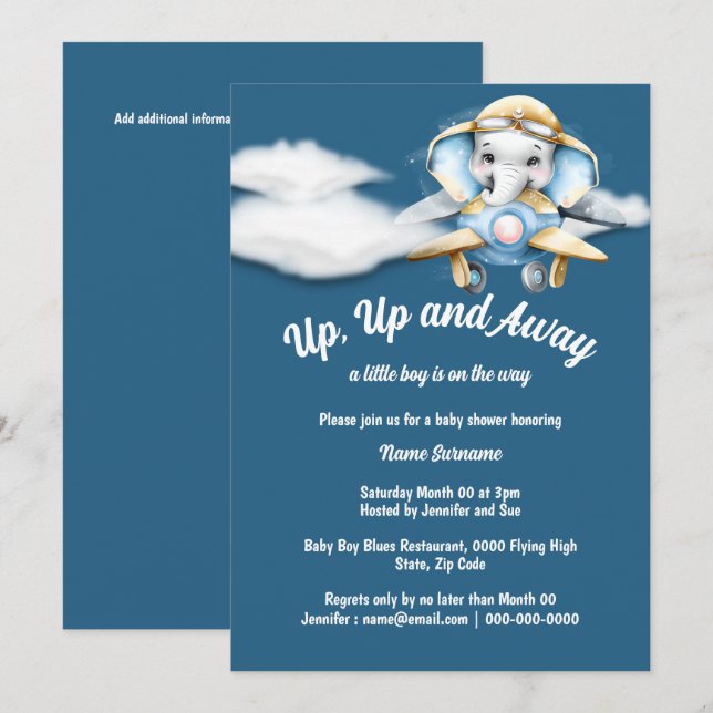 Invitation Avion éléphant baby shower bleu avion pilote (Devant / Derrière)