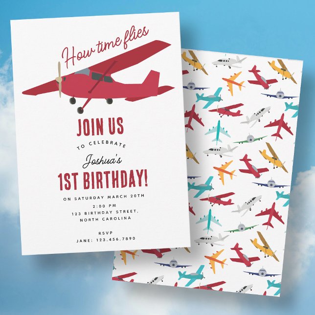 Invitation Avion Enfants 1er anniversaire Fête heure vols (Airplane Kids 1st Birthday Party Time Flies Invitation)