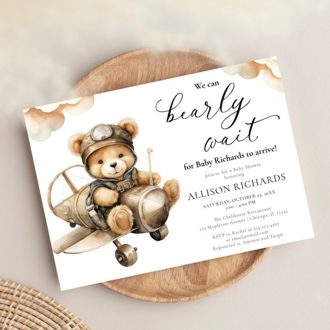 Invitation Avion mignon ours en peluche garçon baby shower (Créateur téléchargé)