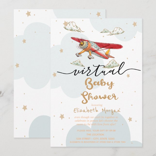 Invitation Avion, Nuages Étoiles Baby shower virtuel (Devant / Derrière)
