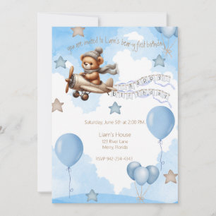 Invitation Avion Ourson bleu de premier anniversaire
