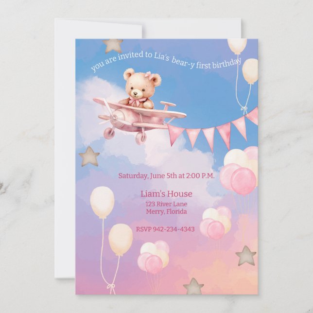 Invitation Avion Ourson premier anniversaire rose (Devant)