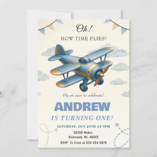 Invitation Avion personnel 1er anniversaire baby party (Devant)