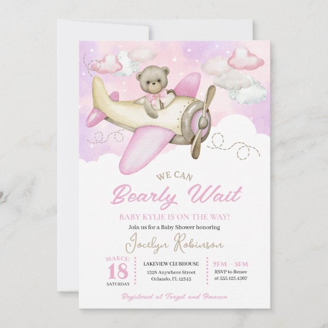 Invitation Avion rose Volant Teddy Bear Nuds Baby shower (Devant)