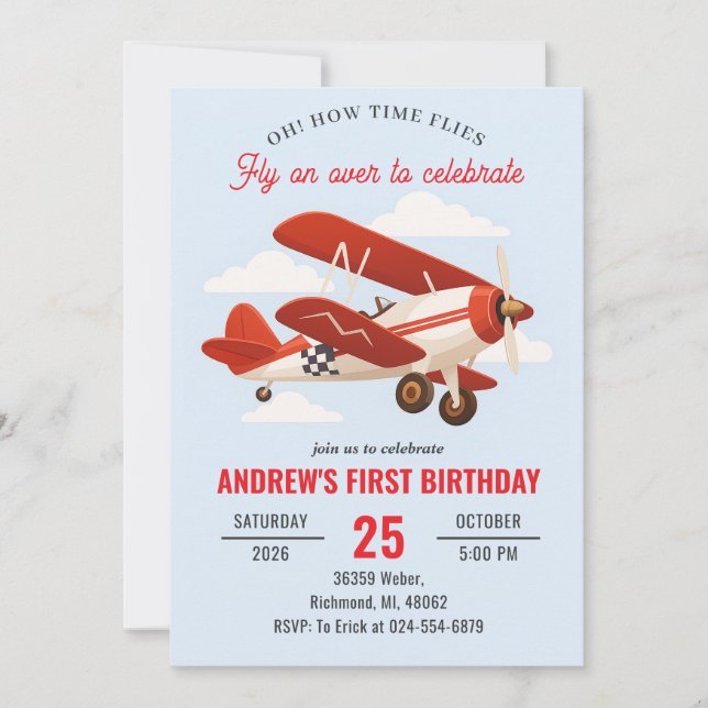 Invitation Avion rouge personnel 1ère fête d'anniversaire (Devant)