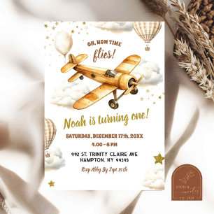 Invitation Avion Vintage Brown Temps Vol Premier anniversaire
