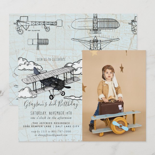 Invitation Avion vintage | Voyage fête d'anniversaire (Devant / Derrière)