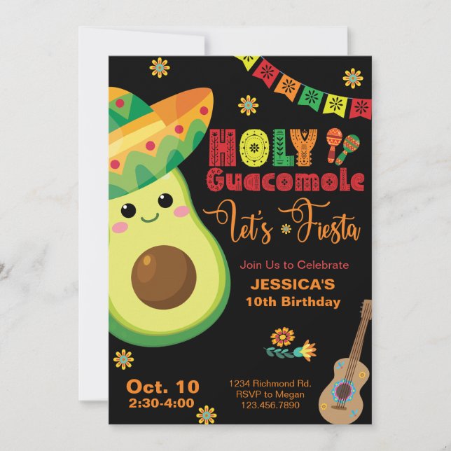 Invitation Avocado Anniversaire Fiesta Party Enfants Vert Rou (Devant)