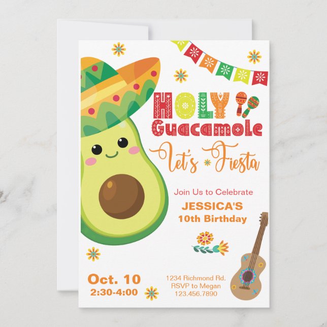 Invitation Avocado Anniversaire Fiesta Party Enfants Vert Rou (Devant)