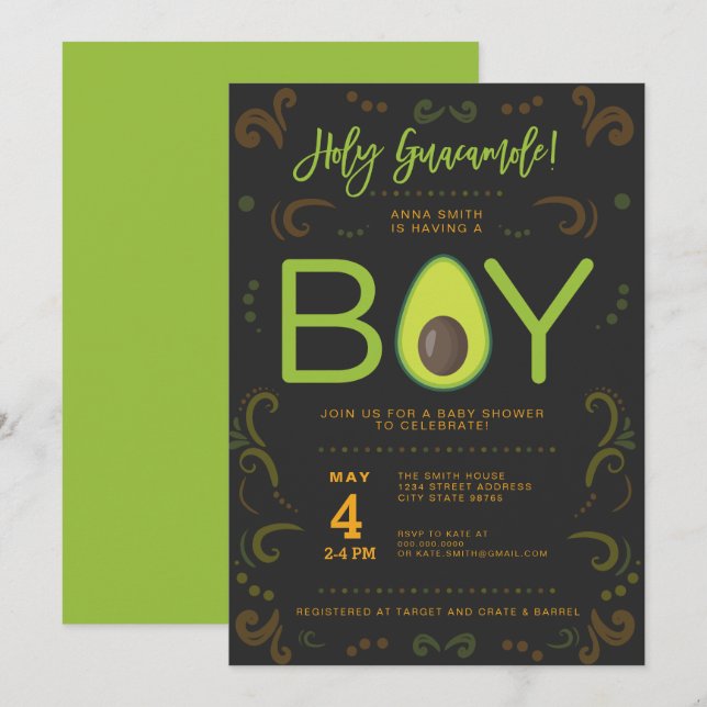 Invitation Avocado Baby shower Boy Guacamole Parti Taco (Devant / Derrière)