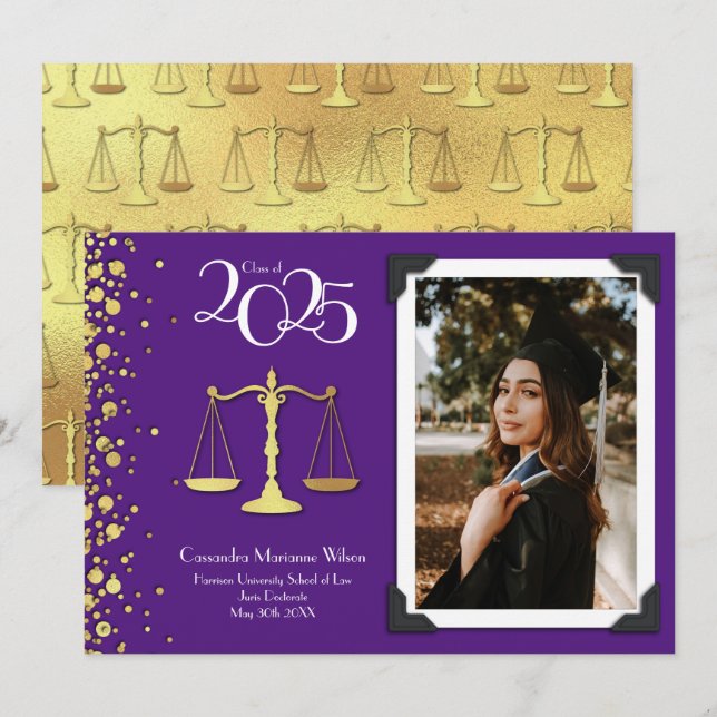 Invitation Avocat Faculté de Droit Gold Graduation Purple (Devant / Derrière)