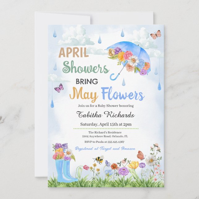 Invitation Avril Douches Apportent Mai Fleurs Baby shower de  (Devant)