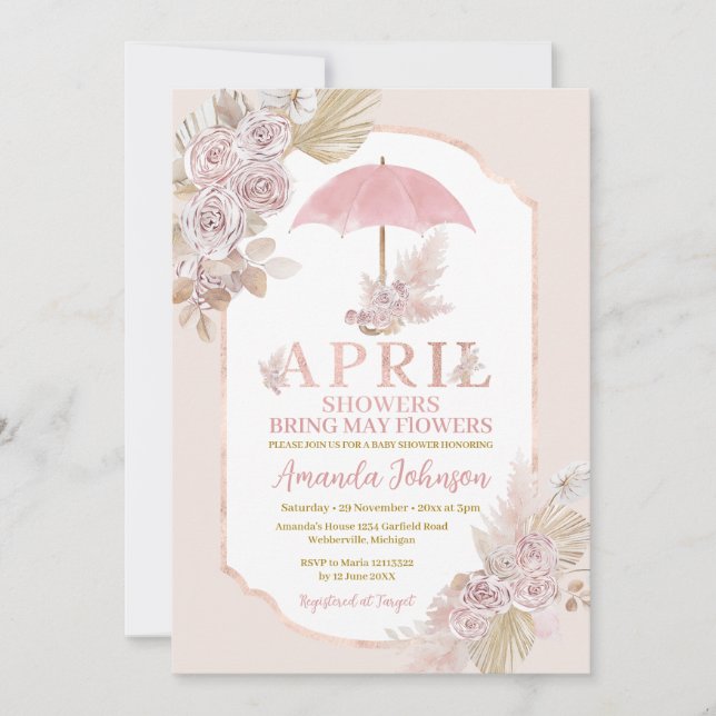 Invitation Avril Douches Apportent Mai Fleurs Parapluies Rose (Devant)
