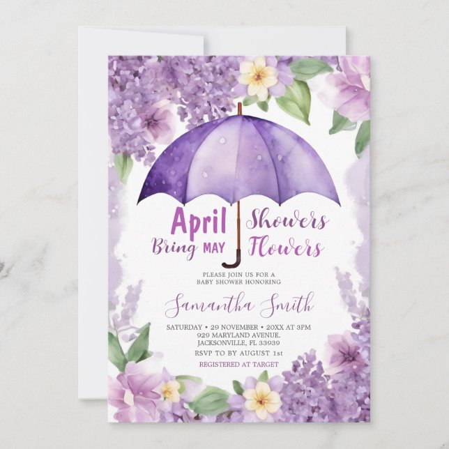 Invitation Avril Pleut Apporte Fleurs De Mai Parapluie Violet (Devant)