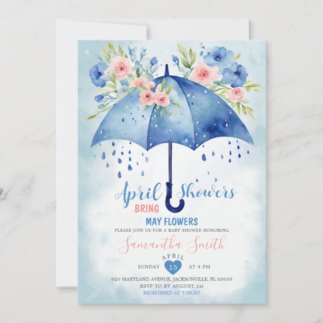 Invitation Avril Pluies Apporte Mai Fleurs Parasol Bleu (Devant)