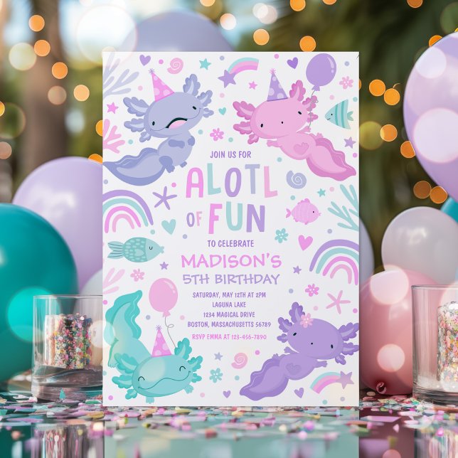 Invitation Axolotl Pink Girl Party Alotl Amusants Anniversair (Créateur téléchargé)