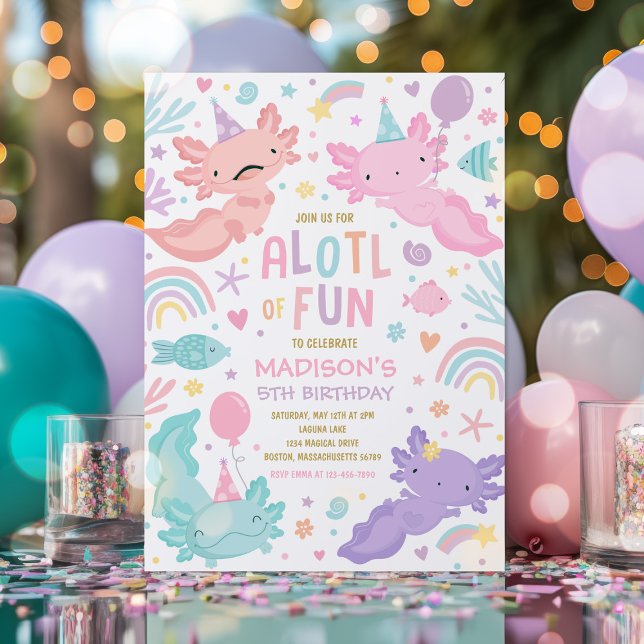 Invitation Axolotl Pink Girl Party Alotl Amusants Anniversair (Créateur téléchargé)