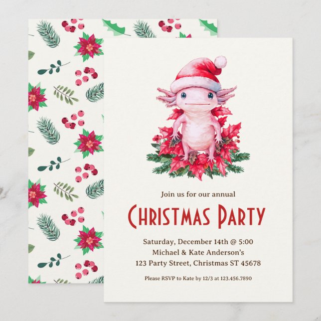 Invitation Axolotl Santa Hat Poinsettias fête de Noël (Devant / Derrière)