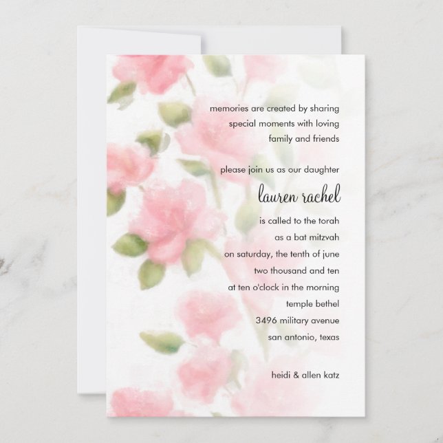Invitation Azalées roses douces bat mitzvah (Devant)