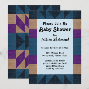 Invitation Aztec Tribal Abstrait Baby shower Bleu Violet Tan