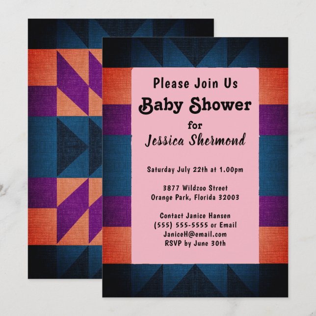Invitation Aztec Tribal Artsy Baby shower bleu violet orange (Devant / Derrière)